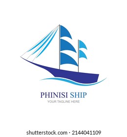 sailing ship logo pinisi ship vintage blue ship in the sea design vector
