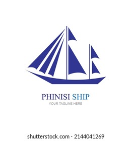sailing ship logo pinisi ship vintage blue ship in the sea design vector