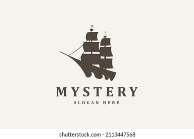 sailing ship logo in silhouette style. negative space waves, vintage art, adventure logo design