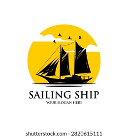 sailing ship logo template with sunset