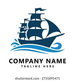 Sailing ship logo with waves and sail maritime company symbol icon