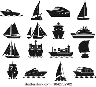 Sailing Ship and Marine Boat Silhouettes Vector. Fully editable and color changeable.