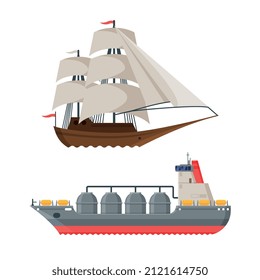 Sailing Ship with Mast and Freighter as Watercraft or Swimming Water Vessel Vector Set