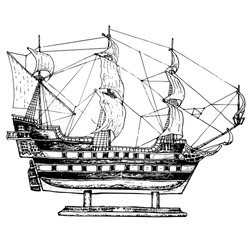 Sailing Ship Model. Hand Drawn Illustranion