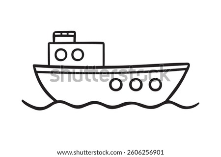 sailing ship or motor ship icon doodle hand drawn. Outline drawing sailing ship or motor ship icon line clipart symbol. Vector illustration