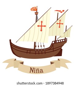 Sailing Ship Ninya. The Inscription Is In Spanish. Participant Of The Campaign Of Christopher Columbus