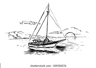 Sailing ship in the ocean in ink line style. Hand drawn boat