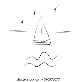 Sailing ship in the ocean in ink line style. Hand drawn boat