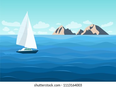 Sailing ship in the ocean. Mountain landscape. Vector flat style illustration.