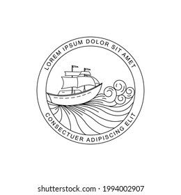 sailing ship with ocean waves in line art design illustration