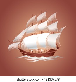 Sailing ship. Old vessel. Vector illustration on brown background