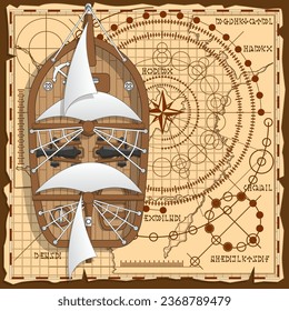 Sailing ship on the background of the old map. View from above. Vector illustration.
