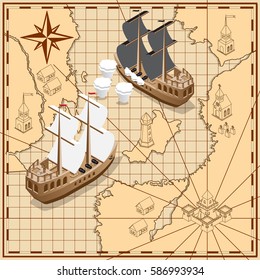 Sailing ship on the background of old maps. Isometric. Vector illustration.