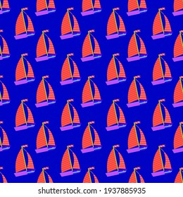Sailing ship on a blue background, texture for design, seamless pattern, vector illustration