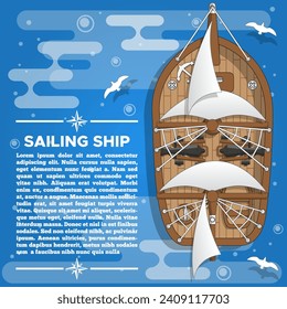 Sailing ship on a blue background. View from above. The template for the presentation. Vector illustration.