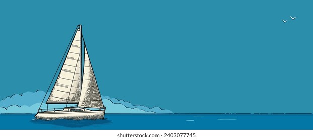 A sailing ship on the blue sea. Vector vintage color engraving illustration. Hand drawn graphic style. For yacht club poster.