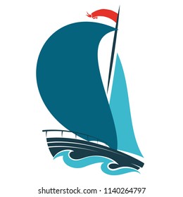 Sailing ship on blue waves design