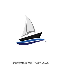 sailing ship on blue waves isolated on white background. vector illustration