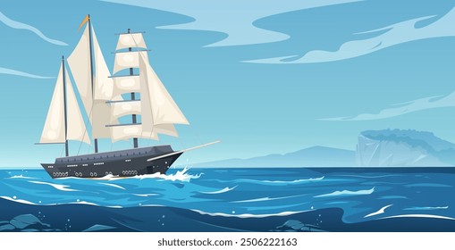 Sailing ship on the open ocean with mountains in the background. Vector illustration