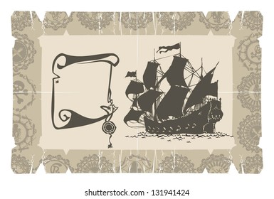 Sailing ship on parchment, 3, vector