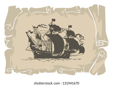 Sailing ship on parchment, 4, vector