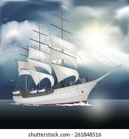 Sailing ship on the sea isolated on background. Vector illustration