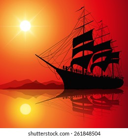 Sailing ship on the sea at sunset skyline. Vector illustration