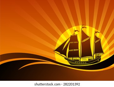 Sailing Ship on Sea in sunset background. Vector illustration.