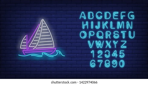 Sailing ship on sea waves neon sign. Vessel, voyage, adventure design. Night bright neon sign, colorful billboard, light banner. Vector illustration in neon style.