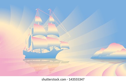 Sailing ship on skyline. Vector illustration