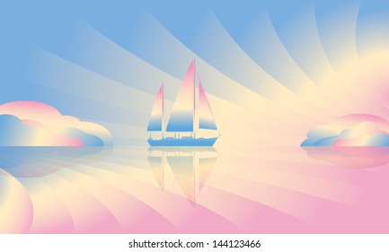 Sailing ship on skyline. Vector illustration