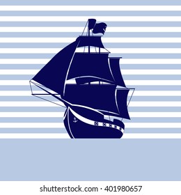 Sailing ship on strip background in the sea. Vector Illustration