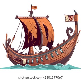 Sailing ship on water waves vector illustration over white