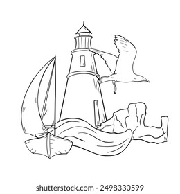 Sailing ship on wave black and white line art. Seascape with lighthouse and rocks vector graphic drawn illustration. Marine view with seagull painted by ink silhouette for nautical themes, packaging.