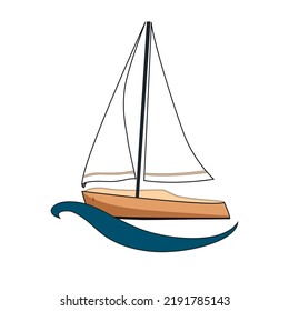 Sailing ship, ship on the wave. Sea and boat means. Vector illustration isolated on white background
