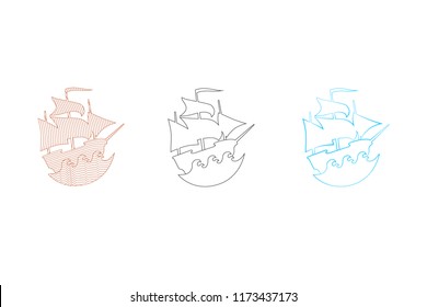 Sailing ship on a waves. Line art style.	
