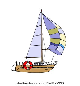 A sailing ship on a white background that winds up can be used for the design of postcards, textiles, wallpapers, postcards and other works on the marine theme