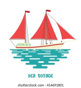 Sailing ship on a white background. Sailfish with red sail on the waves of the sea. Flat style. Color illustration of sea sailing ship on the water. Stock vector