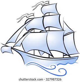Sailing ship in the open sea. Elegant design with text space and modern colors. Concept for cards, tickets, logo, label.  White background    