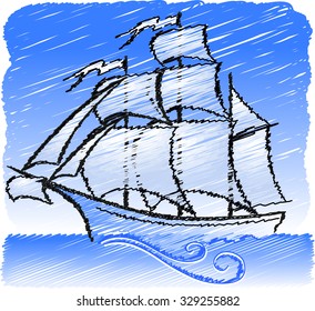 Sailing ship in the open sea. Sketch. Landscape. Hand drawn artwork. Concept for cards,tickets, branding, logo, label.  Blue background. Vector illustration.