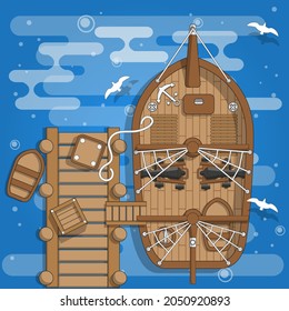 Barco de vela en el muelle. Vista desde arriba. Ilustración vectorial.