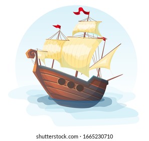 Sailing ship, pirate ship in cartoon style, fregat vector illustration