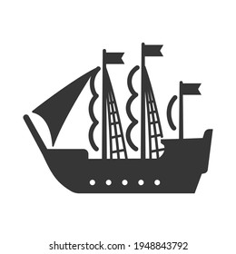 Sailing ship, pirate vessel bold black silhouette icon isolated on white background. Barque, windjammer, sailboat pictogram, logo. Windship with sails and flags vector element for infographic, web.