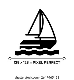 Sailing ship pixel perfect glyph solid icon. Yacht on sea journey. Travelling by water with sailboat. Maritime transport. Black silhouette symbol on negative space. Vector isolated illustration