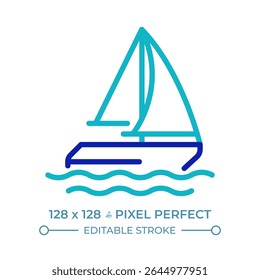 Vela pixel navio perfeito ícone de linha de duas cores. Iate em viagem. Viajar de veleiro. Símbolo do contorno bicolor do transporte marítimo. Pictograma linear duotônico. Ilustração isolada. Traçado editável