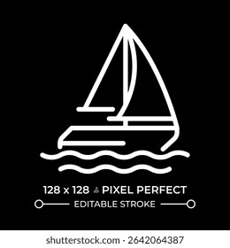 Sailing ship pixel perfect white line icon in negative space. Yacht on sea journey. Travelling by water with sailboat. Maritime. Monochrome linear symbol on black background. Editable stroke