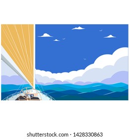 Sailing ship with red sail poster. View from sailboat captain cabin. Cloudy sky and deep blue sea water. Luxury yacht race, ocean sailing regatta vector. Nautical worldwide yachting and traveling.