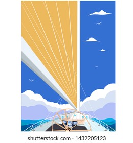 Sailing ship with red sail posters. View from sailboat captain cabin. Cloudy sky and deep blue sea water. Luxury yacht race, ocean sailing regatta vector. Nautical worldwide yachting and traveling.