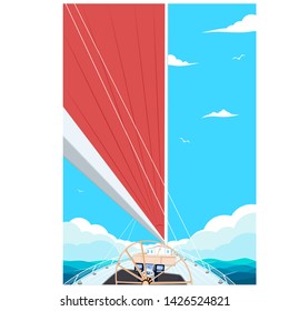Sailing ship with red sail. View from sailboat captain cabin. Cloudy sky and deep blue sea water. Luxury yacht race, ocean sailing regatta vector. Nautical worldwide yachting and traveling.