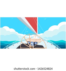 Sailing ship with red sail. View from sailboat captain cabin. Cloudy sky and deep blue sea water. Luxury yacht race, ocean sailing regatta vector. Nautical worldwide yachting and traveling.